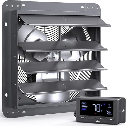 iLiving 16" Wall Mounted Shutter Exhaust Fan, Automatic Shutter, Temperature and Humidity Controls with Variable Speed, 1736 CFM at 1600 RPM DC Motor