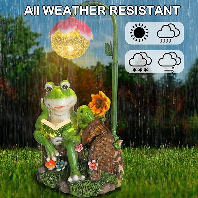 A-First Solar Garden Outdoor Statues Frog Turtle Reading Sculptures Figurine with Solar Lights for Patio Balcony Yard Ornament Outdoor Decor Gift