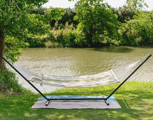 Lazy Daze Hammocks 12FT Quilted Fabric Hammock with Pillow, Double 2 Person Hammock with Spreader Bar for Outdoor Outside Patio Garden Yard Pool Beach QFH014