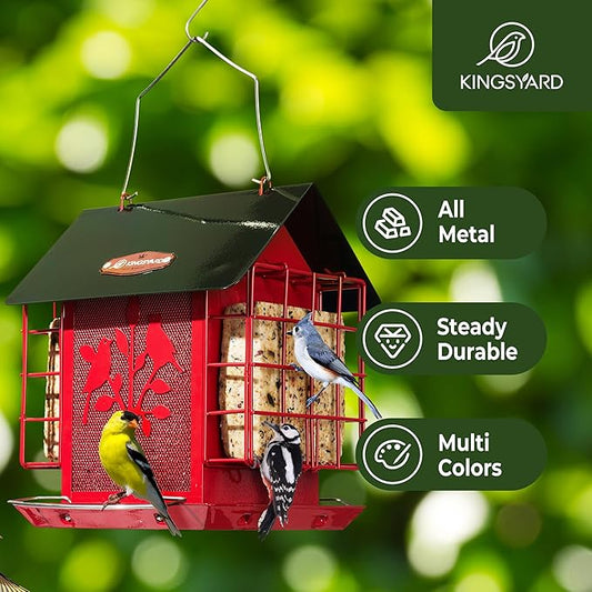 Kingsyard Metal Bird Feeder for Outdoor Hanging, Wild Bird Feeder with Double Suet Cage, Weatherproof Roof and 3 lbs Large Seed Capacity, Red