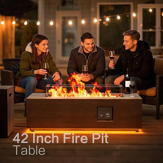 42" Outdoor Fire Pit Table, 50,000 BTU Gas Fire Pit with Glass Wind Guard, Fire Stones, Waterproof Cover, Propane Fire Pit Table for Outside Patio (Warm Light, Brown)
