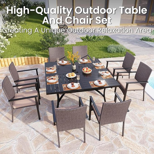 PHI VILLA 9 Pieces Square Outdoor Dining Table Set for 8, 60” Large Metal Steel Dining Table & Rattan Wicker Chairs with Cushions, Dining Furniture Set for Patio, Deck, Yard, Porch