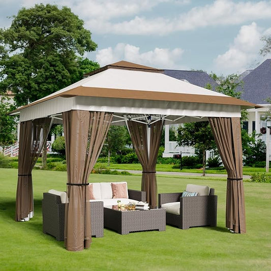Bealife 11x11 Pop Up Gazebo Tent with Mosquito Netting, Outoor Canopy Tent with 4 Sandbags, 8 Stakes, 4 Ropes, Roller Bag, Pop Up Canopy Tent for Lawn Backyard Garden Deck, Beige
