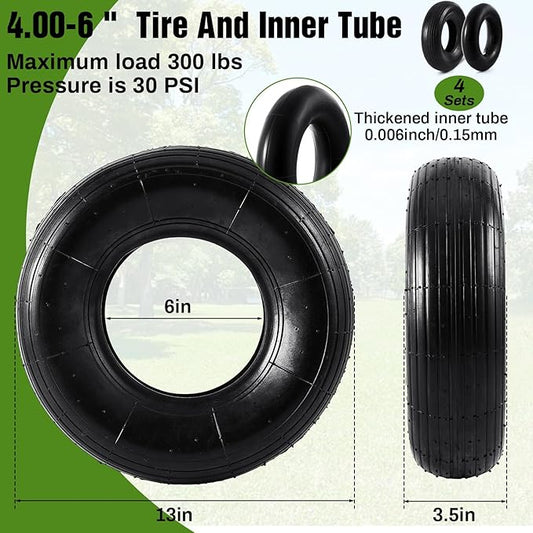 4 Sets 13'' 4.00-6 Replacement Tire and Inner Tube Set Heavy Duty 4.00-6 Tire and Wheel with TR13 Straight Valve Stem and Ribbed Tire Treads, for Wheelbarrow Trolley Garden Wagon Wheels