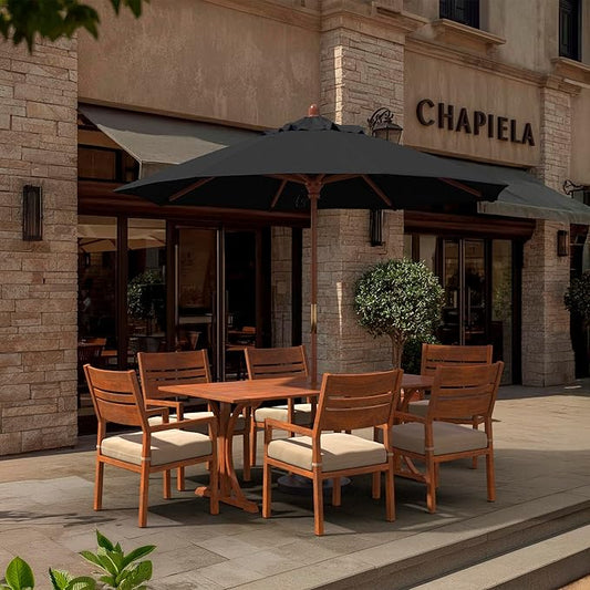 California Umbrella 9' Premium Commercial Hardwood Patio Umbrella, Manual Lift With Sunbrella Black Fabric
