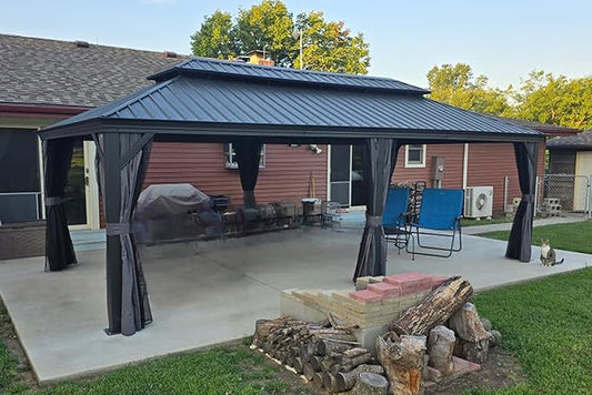PURPLE LEAF 12' X 28' Large Hardtop Gazebo Aluminum Gazebo with Galvanized Steel Double Roof for Patio Lawn and Garden, Curtains and Netting Included Grey