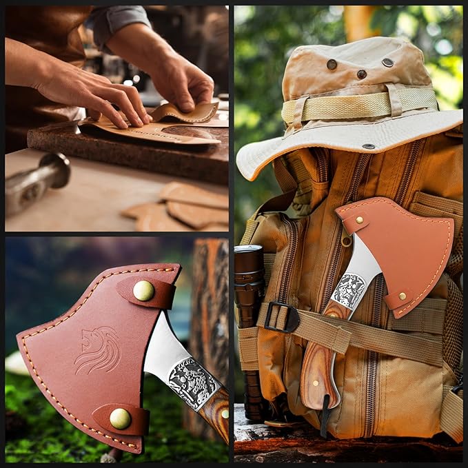 NedFoss Warthog Camping Axe, 9" Full Tang Small Axe with Leather Sheath, Survival Hatchet with Wood Handle, Tomahawk for Outdoor Backpacking, Bushcraft, Hiking