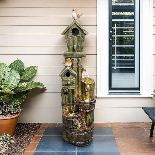 Outdoor Water Fountain with Birdhouse, 39.3inches Rustic Outdoor Water Fountains - Outdoor Cascading Waterfall with Decorative Birds & Buckets, Pump & Lights for Backyard Patio Decor