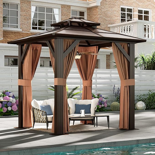Aoxun 8'x 8' Hardtop Gazebo, Outdoor Polycarbonate Double Top Canopy, Aluminum Frame Gazebo with Netting and Curtains, Sunshade for Gardens, Patios, Lawns, Brown