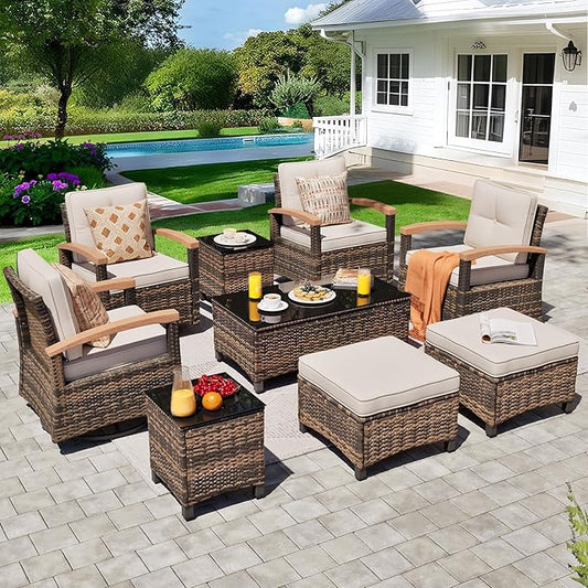 MEISSALIVVE 9 Pieces Outdoor Patio Furniture Sets,PE Wicker Patio Conversation Sets with 4 Wood Armrests Swivel Rocker Chairs,2 Ottoman and Coffee Table(Brown)