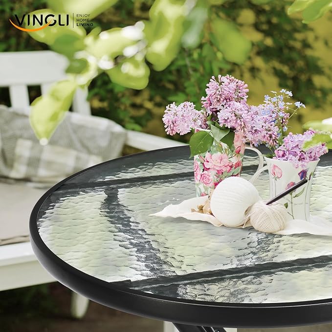 VINGLI Folding Glass Outdoor Side Table, 23.6 Inches Small Foldable Patio Bistro Table with Tempered Glass Table Top for Lawn & Garden, Balcony, Porch and Pool, Round