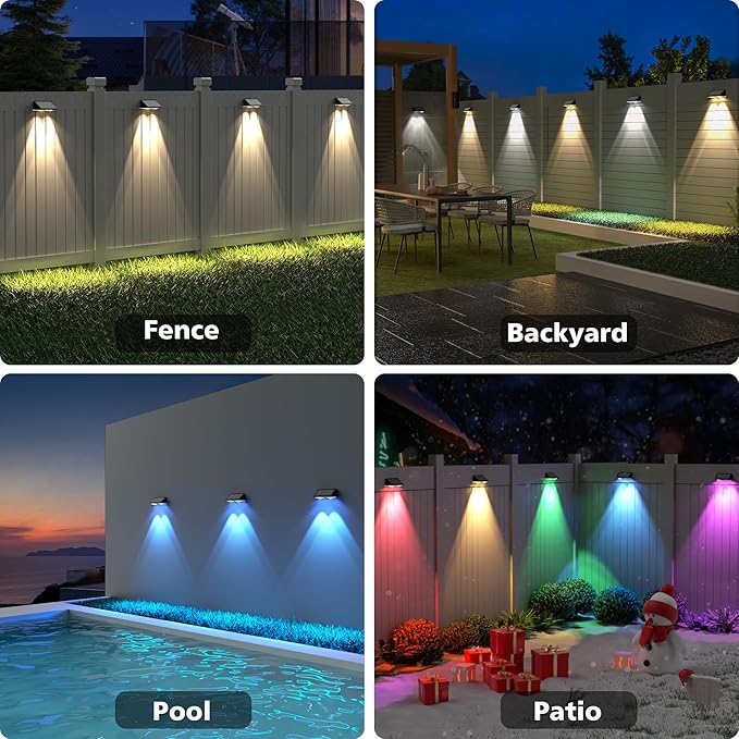 APONUO Solar Fence Lights Outdoor Waterproof, Fence Lights Solar Powered, 9 RGB Color Modes&Warm White&Cool White, Fence Solar Light Outdoor for Backyard, Patio, Wall, Yard,Deck(Black, 12 Pack)