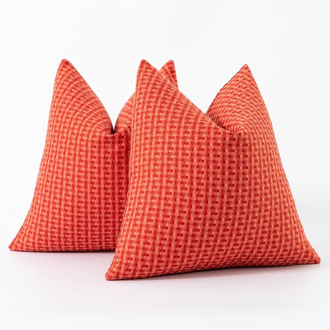 Kevin Textile Outdoor Waterproof Throw Pillow Covers Pack of 2 Weaving Texture Water Resistant Outside Decorative Cushion Covers for Garden Patio Tent Balcony Bench Couch Sofa 16x16 Inch, Red