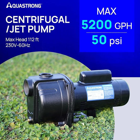AQUASTRONG 2 HP Shallow Well Jet/Centrifugal Pump, 5200 GPH, 230V, Durable Cast Iron Booster Pump for Lawn Sprinkler, Garden Irrigation