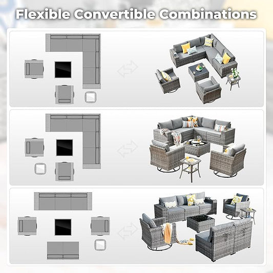 ovios 9 Pieces Patio Furniture Set, Outdoor Wicker Sectional Sofa with 2 Swivel Chairs Coffee Table, Modern Modular Deep Seat Rattan Couch Conversation Sets, Dark Grey