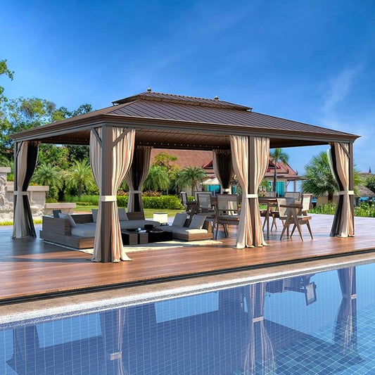 MELLCOM 14'x20' Hardtop Gazebo, Galvanized Steel Metal Double Roof Aluminum Gazebos with Curtain and Netting, Brown Permanent Pavilion Gazebo with Aluminum Frame for Patios, Gardens, Lawn