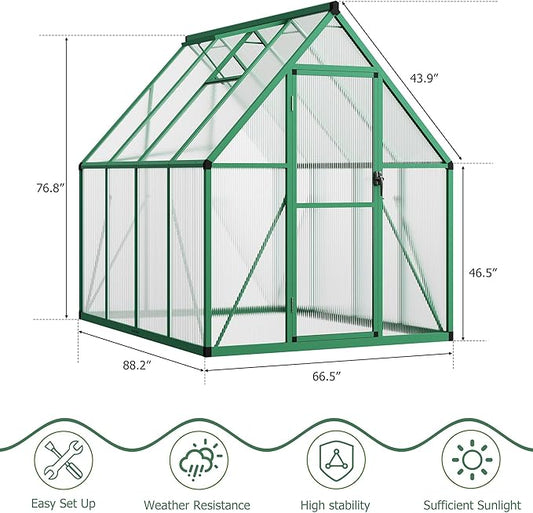 6x7 FT Outdoor Greenhouse, Polycarbonate Greenhouse with Roof Vent and Ground Nails, Aluminum Large Walk-in Green House w/ Lockable Push Door for Outside Garden Backyard (Green, 6x7 FT)