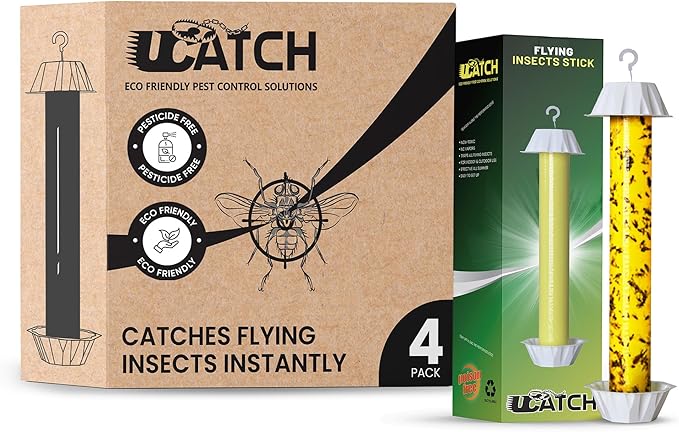 Sticky Fly Trap Indoor & Outdoor | Hanging Fly Stick for Gnats, Flies, Wasps, Mosquitoes & Other Flying Bugs | Sticky Bug Traps | Home Pest Control | Flying Insect Trap Rolls - 4-Pack | Ucatch