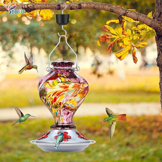 Hummingbird Feeders for Outdoors Hanging, BOLITE Glass Hummingbird Feeder, Hand Blown Twisted with Ant Moat and Five Feeding Ports, 24 Ounces, Leak Proof, Purple, Gifts for Women Men