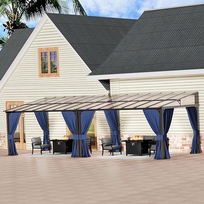 10’ x 28’ Gazebo for Patio,Wall Mounted Gazebo with Sloping Polycarbonate Roof,Aluminum Frame Outdoor pelgole w/Netting & Curtain for Garden,Backyard,Navyblue