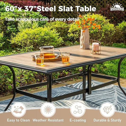 7 Pcs Patio Dining Set for 6, Rectangular Metal Dining Table (PVC Table Top) with Umbrella Hole and 6 Chairs, Outdoor Dining Set for Lawn Garden Deck, Blue