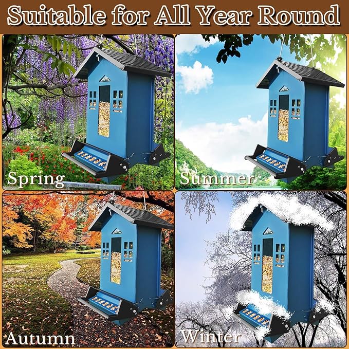 Squirrel Proof Bird Feeder, Bird Feeders Hanging for Outdoors 6 Lbs Seed, Wild Metal Birdfeeder for Small Birds, Cardinal, Outside, Garden (Blue)