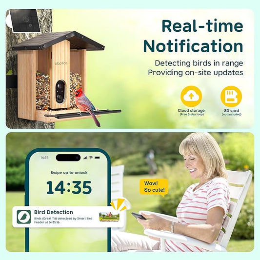 Bird Feeder with Camera Solar Powered, Smart Bird Feeder with AI Identify for 10000 Plus Species, Auto Capture & Real-time Notifications, Ideal Gift for Birdwatching, Bamboo