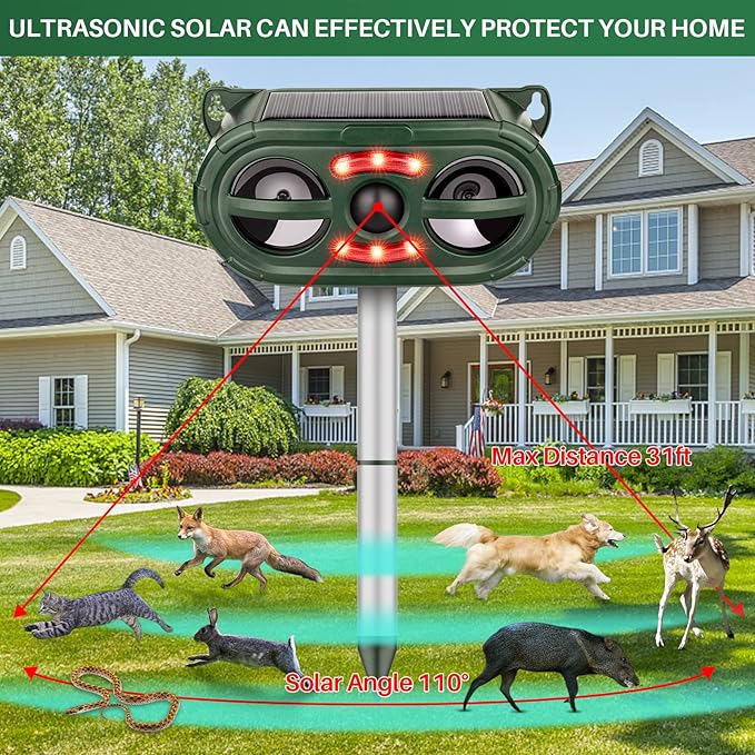 Ultrasonic Animal Repeller,Solar Pest Animal Repellent Outdoor,Squirrel Repellent,Animal Deter Devices Outdoor,Cat Repeller with Motion Sensor & Flashing Light (1 Pcs)