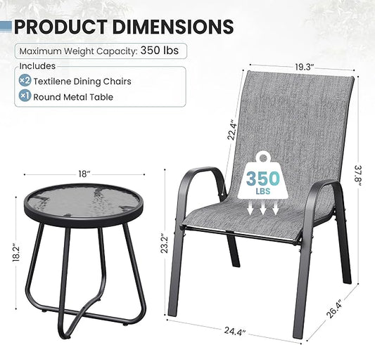 Patio Table and Chairs Set - 3 Piece Outdoor Stackable Dinging Chairs for All Weather,Breathable Garden Furniture for Deck Garden Backyard (Light Grey)