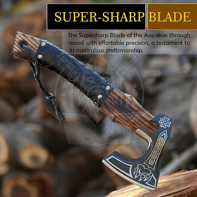 SHINY CRAFTS®- Decorative Viking Axe – Unique Gift for Dad Carbon Steel Blade with Leather Handle Perfect for Bushcraft or Display (SCA-16)