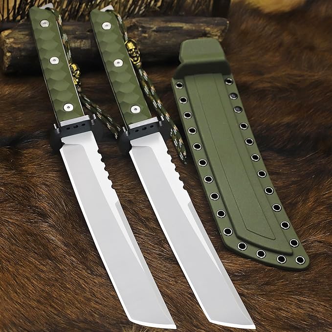 BA-KOR 15.8in Full Tang Japanese Style Outdoor Knife –8mm DC53 Steel, Nylon Fiber Handle &Sheath, Hunting Survival Knife+(5.9in) cerium igniter (Green-handled white blade (8mm))
