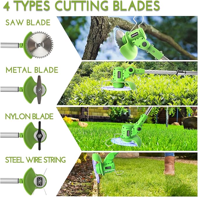 Electric Weed Wacker, 21V Grass Trimmer Cordless with 2 Battery and Charger 5 Types 26Pcs Blade 3 in 1 Weed Trimmer Lawn Edger Brush Cutter for Lawn Yard Garden