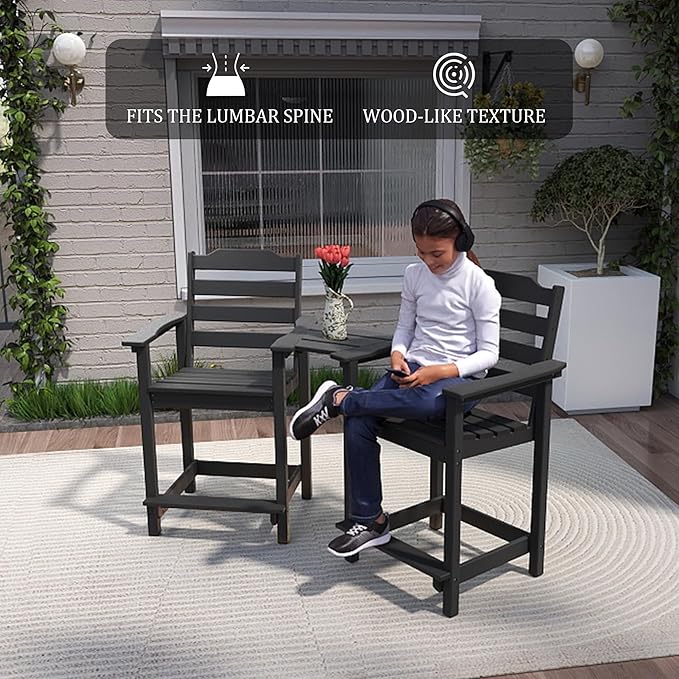 OTSUN Tall Adirondack Chairs Set of 2 with Connecting Tray, 24 inches HDPE Bar Height Outdoor Chairs, All Weather Resistant for Balcony, Porch, Kitchen (2 PCS, Black)