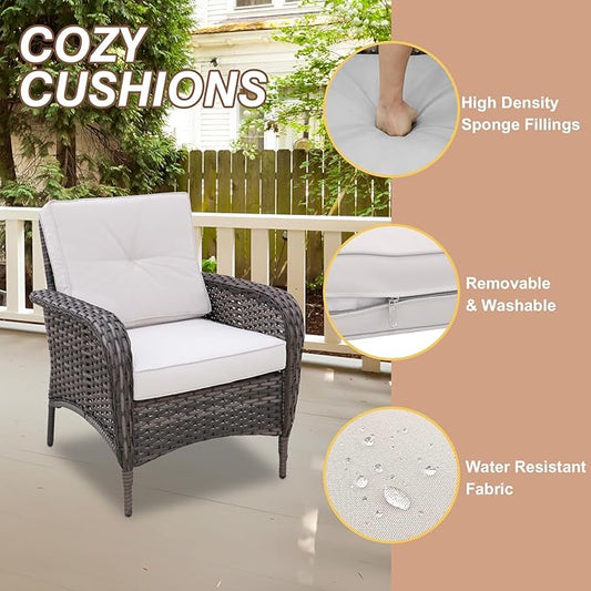 COOS BAY Vintage Courtyard Patio Chairs, Wicker Armchairs, Rattan Patio Dining Set of 4, Outdoor Seating for Deck or Balcony, Gray/Beige
