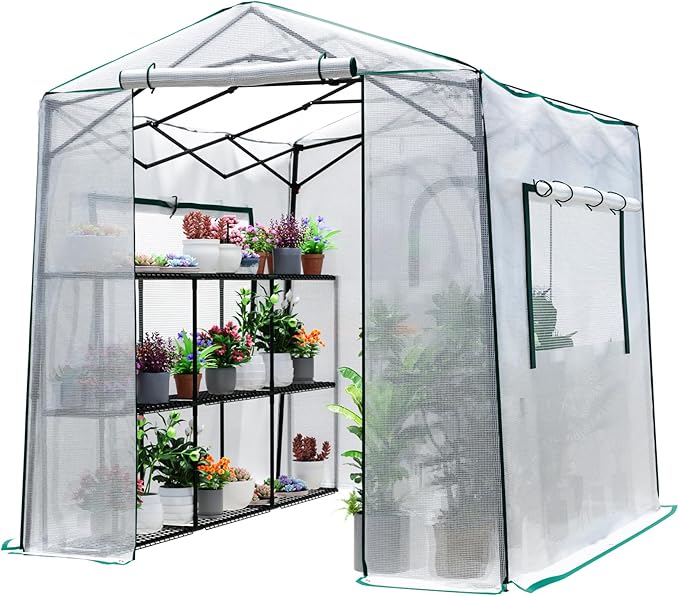 Joyside 8 x 6 FT Outdoor Pop up Greenhouse with Adjutable Reinforced Frame, Durable PE Cover and Mesh Windows, Portable Greenhouse for All Seasons, Easy Set Up (White, 8 x 6 FT)