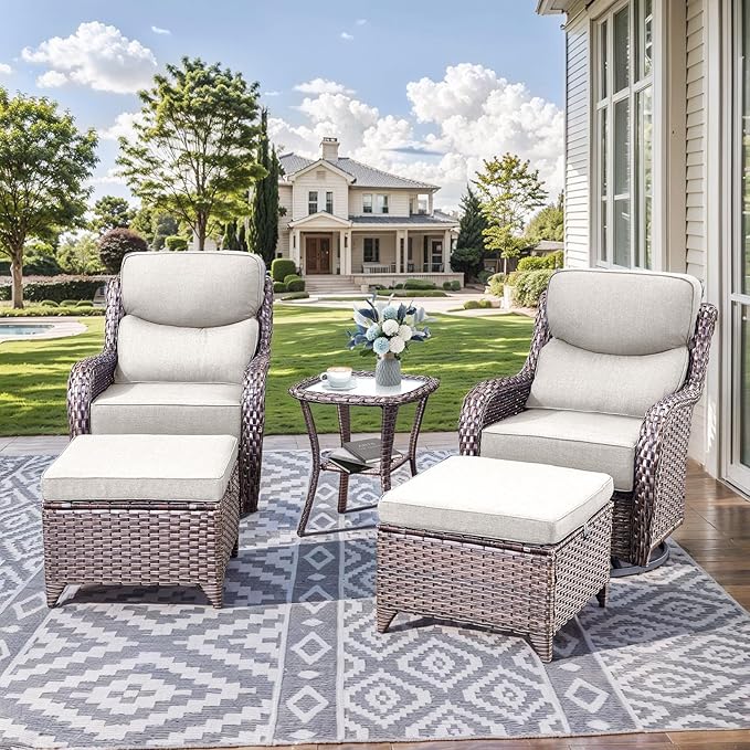 HUMMUH Outdoor Patio Wicker Swivel Rocker Chairs Set of 2 with 6-Inch Thick Cushion High Back Wicker Conversation Set for Porch Balcony Deck