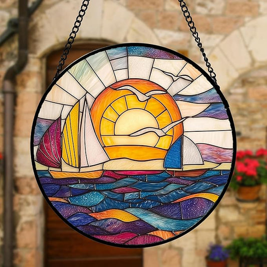 Stained Glass Window Hanging, Sailboat and Waves Suncatcher Diamond Glass Panel Hangings Sun Catchers Decor for Birthday for Women, Men, Wife, Aunt, and Mom 11.8x11.8 in