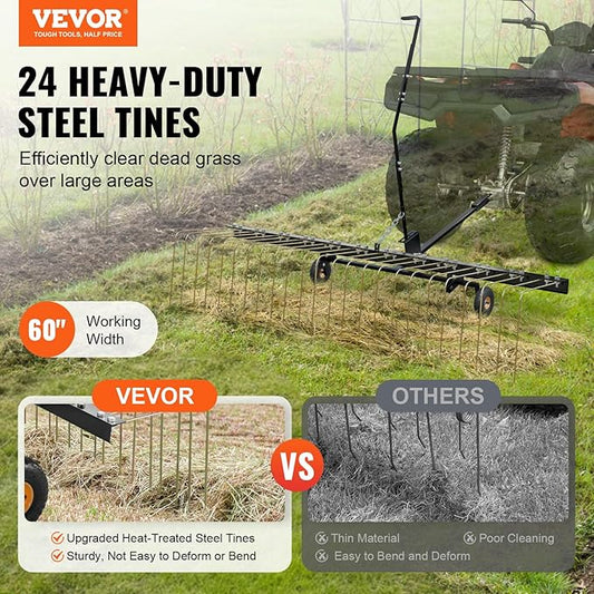 VEVOR Tow Behind Dethatcher, 60-inch Tow Dethatcher with 24 Steel Tines, Lawn Dethatcher Rake for ATV or Mower, Tow Behind Lawn Rake with Lift Handle for Leaves, Pine Needles, and Grass
