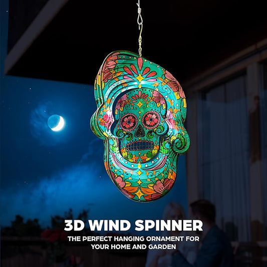 Skylar 3D Color Gradient Calavera Skull Wind Spinner, 12-Inch Day of The Dead Wind Spinners Outdoor Clearance, Kinetic Stainless Steel Decor for Patio and Home, Powered by Air