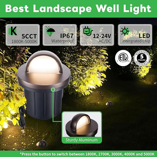 Ground Well Lights, 5 Colors Temp (1800K-5000K) Low Voltage Landscape Inground Lights, LED Outdoor Waterproof IP67, 12V Wired Aluminum Half Sided ORB for Backyard Wall 6W 420LM 8 Pack