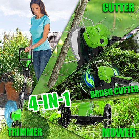 Electric Cordless Weed Wacker Eater Battery Powered Weed Trimmer with 2 21V/2.0Ah Battery Operated & Wheels & Charger & 5 Types Blades, No-String Brush Cutter/Grass Trimmer/Lawn Edger for Garden Yard