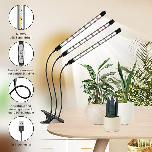 3 Head Grow Lights for Seed Starting, 6000K Full Spectrum for Indoor Plants, 6/12/18H Auto Timer, 5 Dimmable Levels, Clip-on Desk Lamp for Growing (2 Pack)