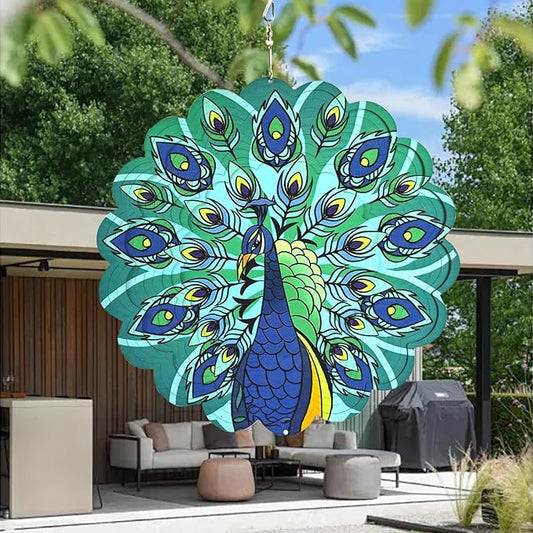 Wind Spinners Outdoor Peacock Art 12 inch 3D Stainless Steel Laser Cut Metal Art Geometric Pattern Wind Sculpture Hanging for Yard Garden Decorations Gifts Outdoor
