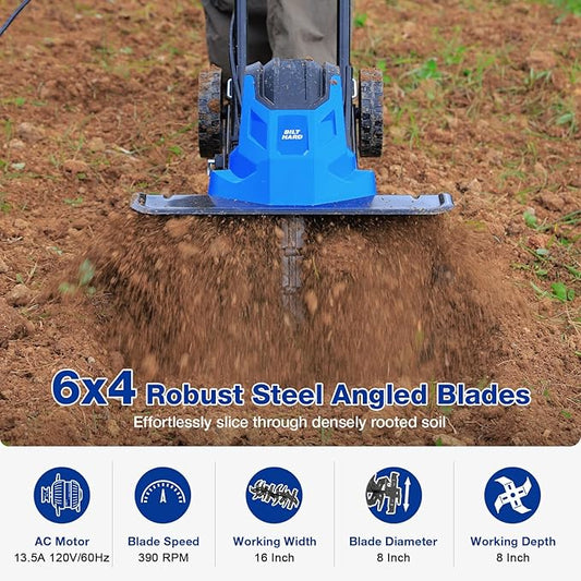BILT HARD 16-Inch Corded Garden Tiller Cultivator, 13.5-Amp 6 Steel Tines Tillers with Adjustable Wheels & Foldable Handle, 8-Inch Tillling Depth Electric Rototiller for Lawn/Yard/Garden Soil Digging