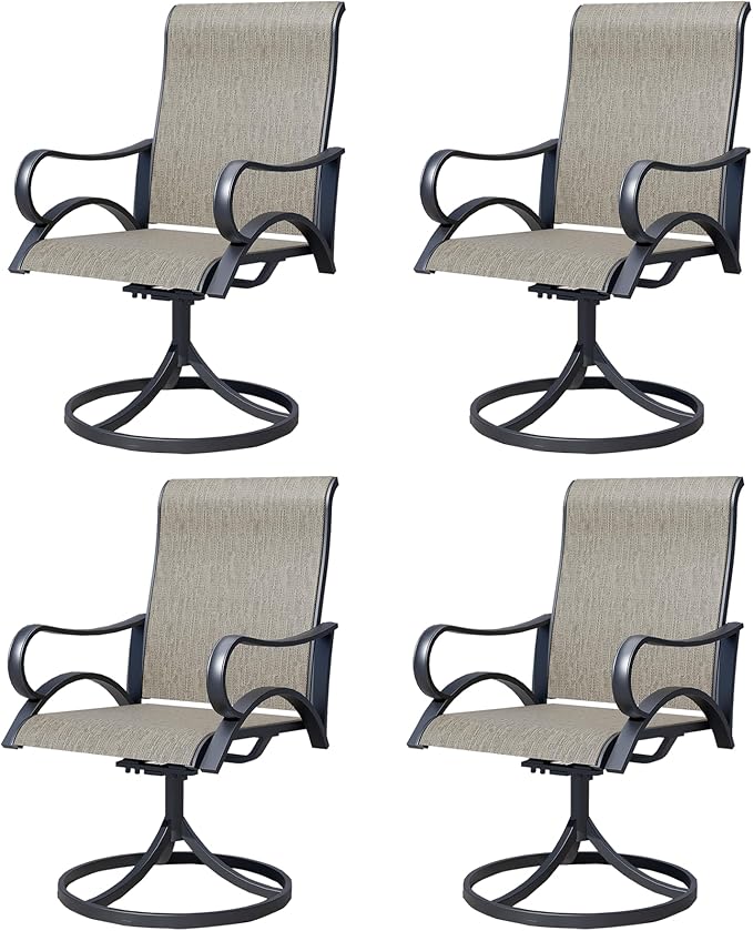 Outdoor Patio Swivel Dining Chairs Set of 4, All-Weather Swivel Rocker Chairs with Textilene High Back and Black Rust-Proof Metal Frame, Perfect for Patio, Lawn, Garden, or Backyard, Brown