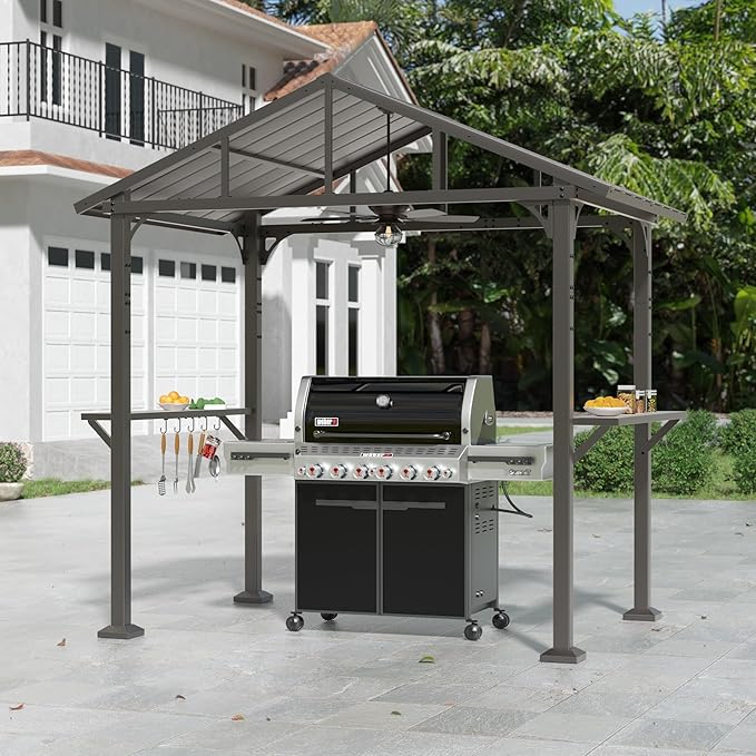 Kullavik 8' x 5' Hardtop Grill Gazebo,Outdoor BBQ Gazebo with Galvanized Steel Roof and Ceiling Hook,BBQ Pavilion with 2 Side Shelves and 5 Side Hooks for Patio Lawn Backyard Garden