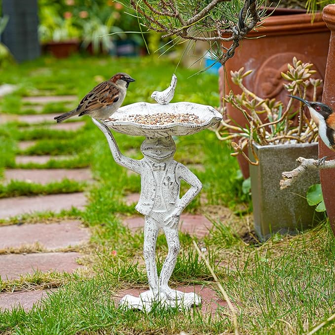 Sungmor Cast Iron Frog Bird Feeder, Garden Frog Statue Holding Leaf Outdoor Small Bird Bath Bowl, Indoor Candy Dish, Patio Tabletop Decoration