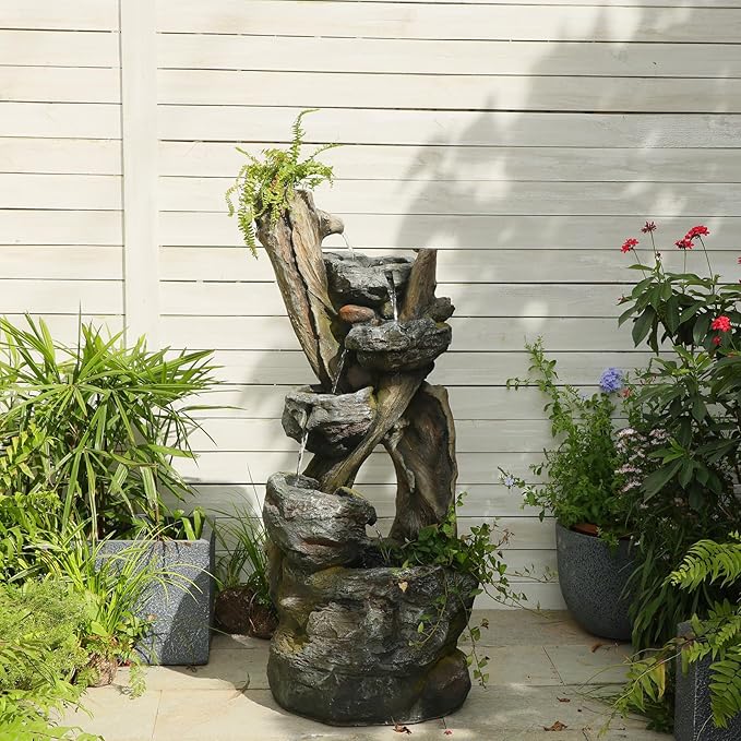 Outdoor Cascading Water Fountain Garden, 43.7'' Resin Tree Trunk & Rock Design Garden Waterfall Feature with LED Lights for Patio, Porch, Backyard and Home Decor, Gift
