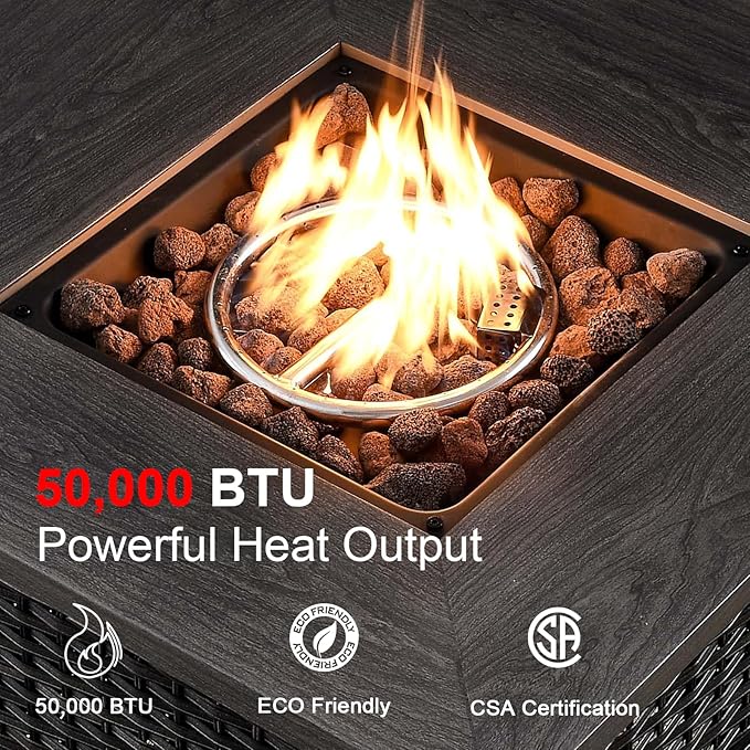 HUMMUH 7 Piece Patio Furniture with Fire Pit 30in 55,000 BTU,PE Wicker Outdoor Conversation Sets - Couch,Patio Swivel Chairs and Ottomans,Side Table for Porch,Garden,Backyard