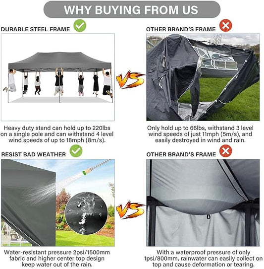 COBIZI 10x20 Pop Up Canopy with 6 Sidewall,Heavy Duty Canopy UPF 50+ All Season Wind Waterproof Commercial Outdoor Wedding Party Tents for Parties Canopy Gazebo with Roller Bag(10 x 20 ft Gray)
